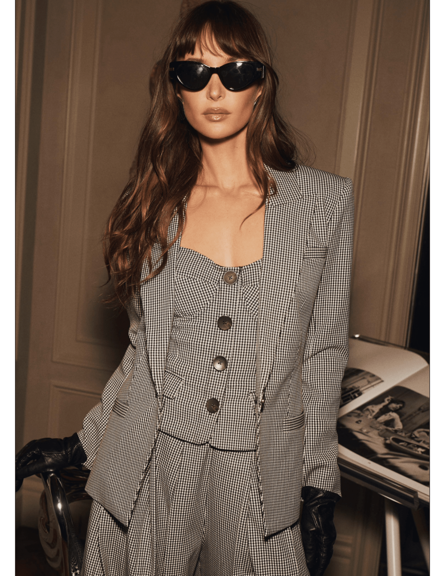 L'AGENCE Nova Pleated Wide Leg Pant in Houndstooth coord outfit on model