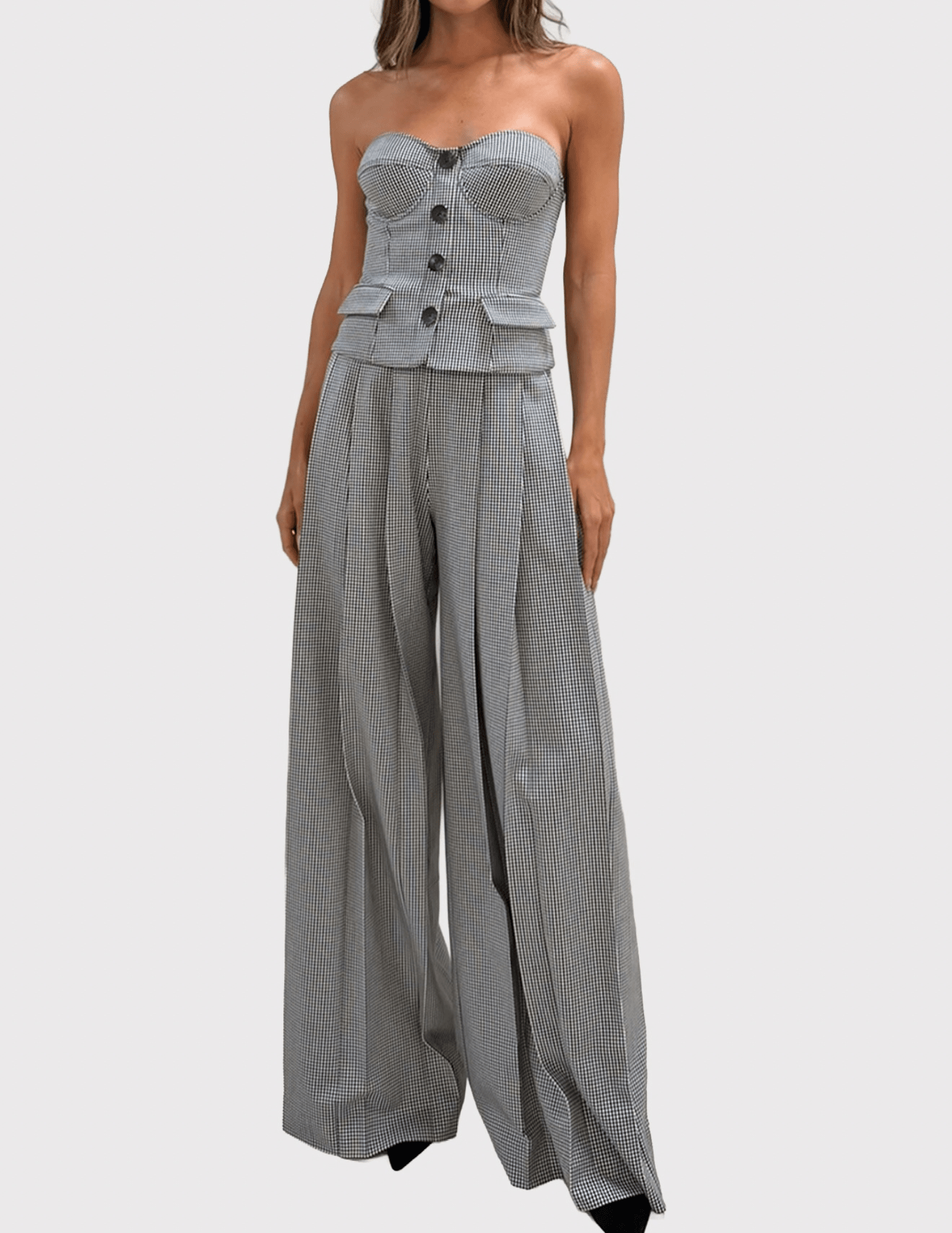 L'AGENCE Nova Pleated Wide Leg Pant in Houndstooth with matching genevieve top