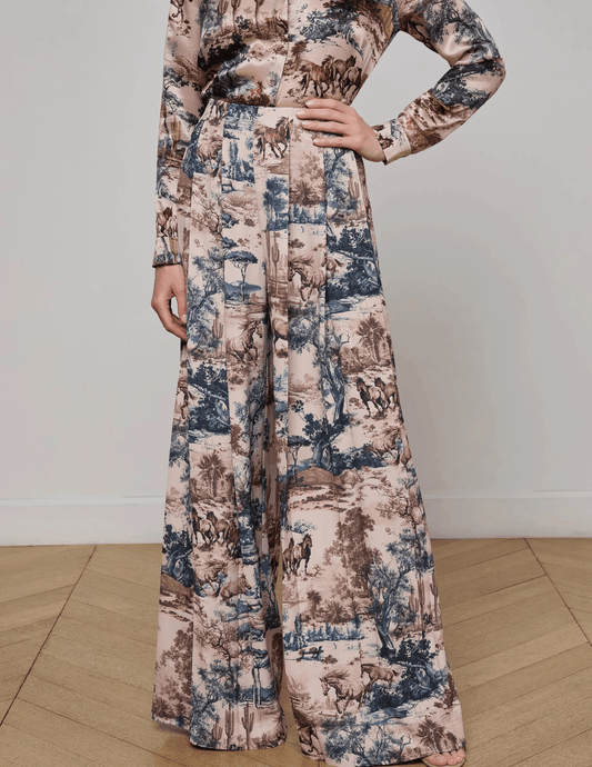 L’AGENCE Nova Pleated Wide Leg Pant in Tan Multi Western Toile print model-front