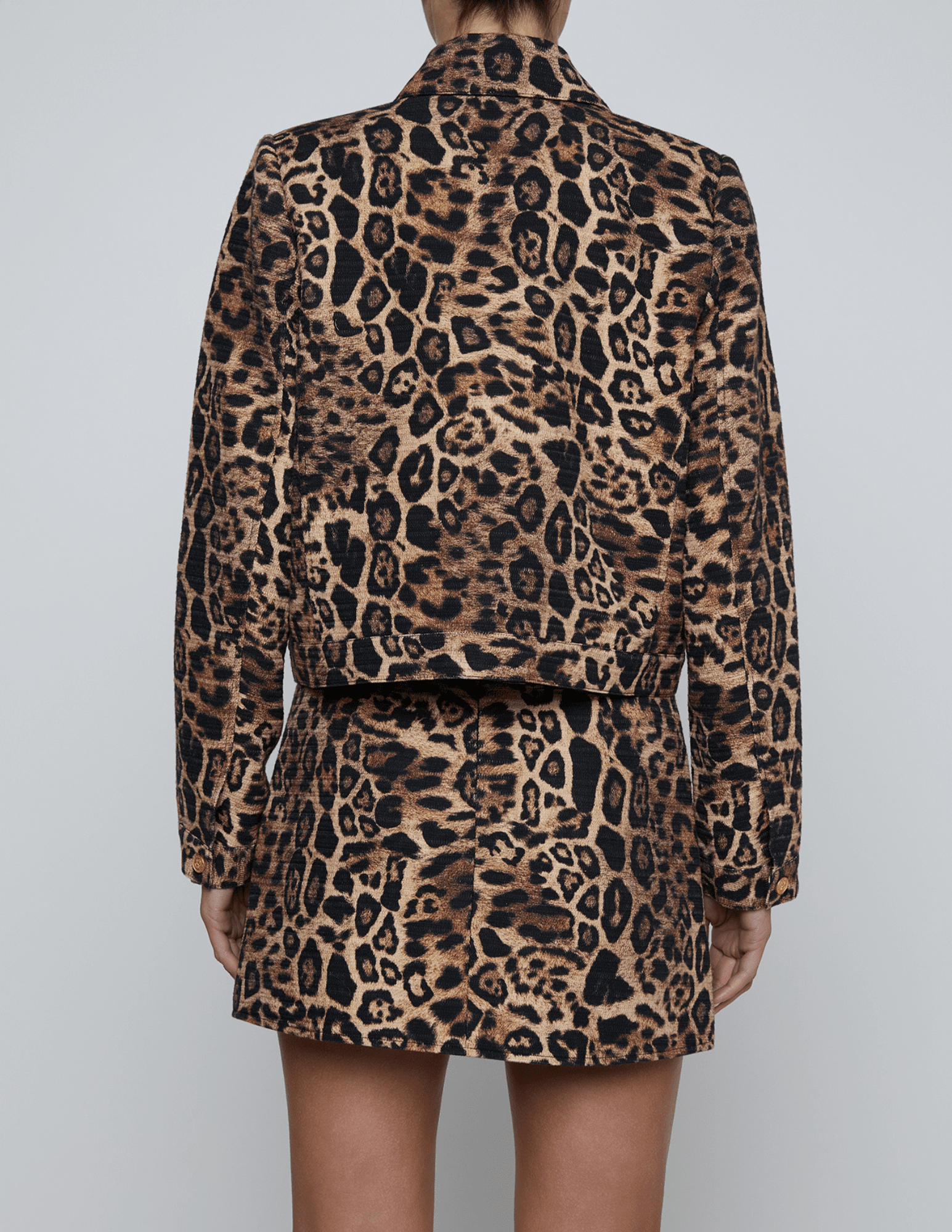 Back view of L’AGENCE Nyx Cropped Jacket in Brown Multi Patch Leopard