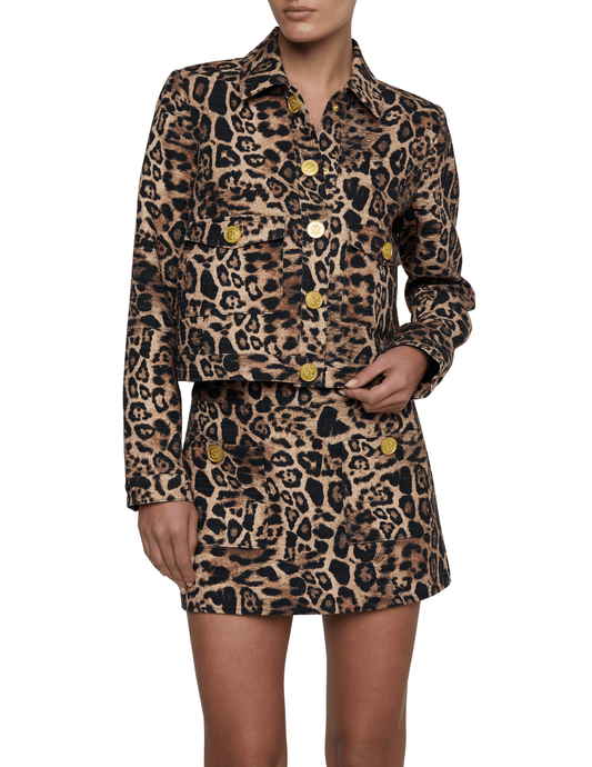 Front view of L’AGENCE Nyx Cropped Jacket in Brown Multi Patch Leopard