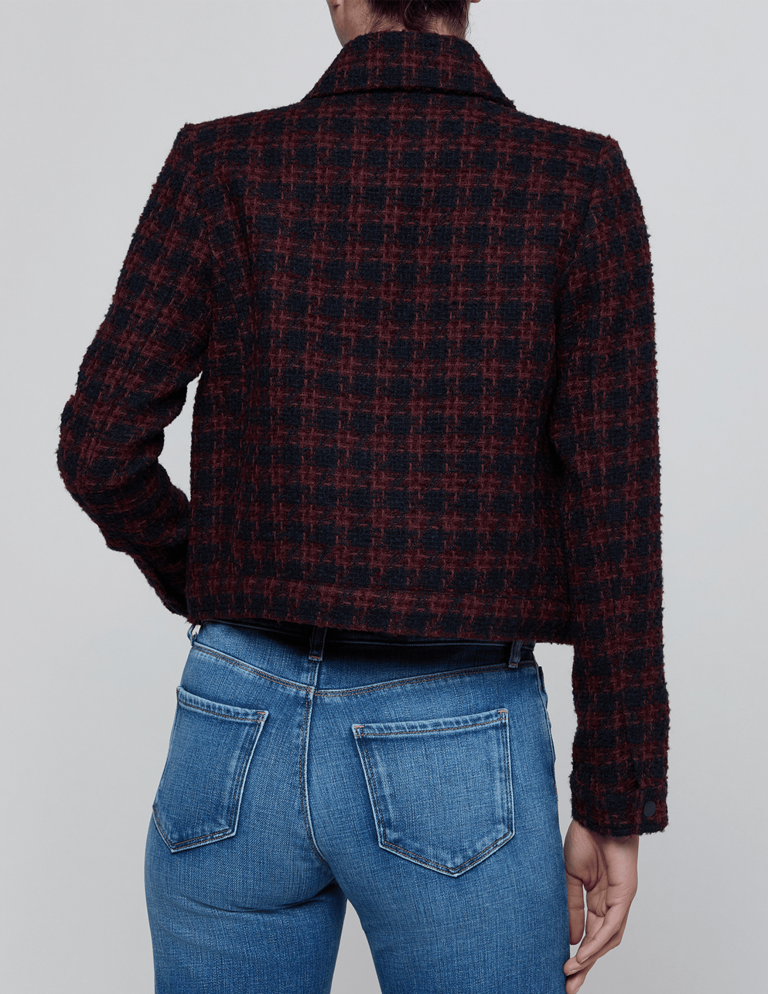 Back view of L’AGENCE Nyx Cropped Jacket in Midnight Burgundy Tweed