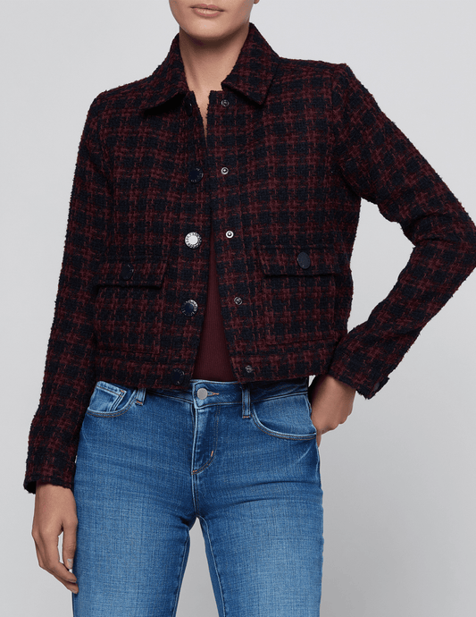 Front view of L’AGENCE Nyx Cropped Jacket in Midnight Burgundy Tweed