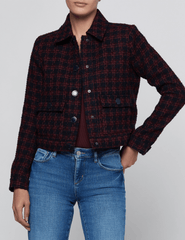 Front view of L’AGENCE Nyx Cropped Jacket in Midnight Burgundy Tweed