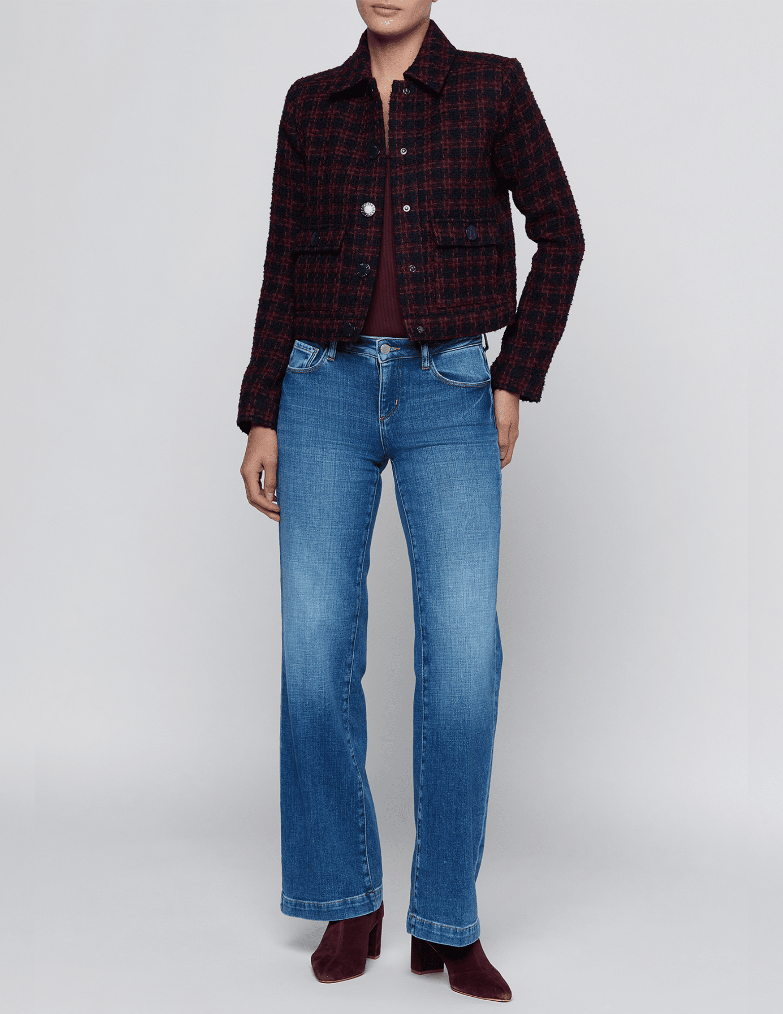 Full body view of L’AGENCE Nyx Cropped Jacket in Midnight Burgundy Tweed