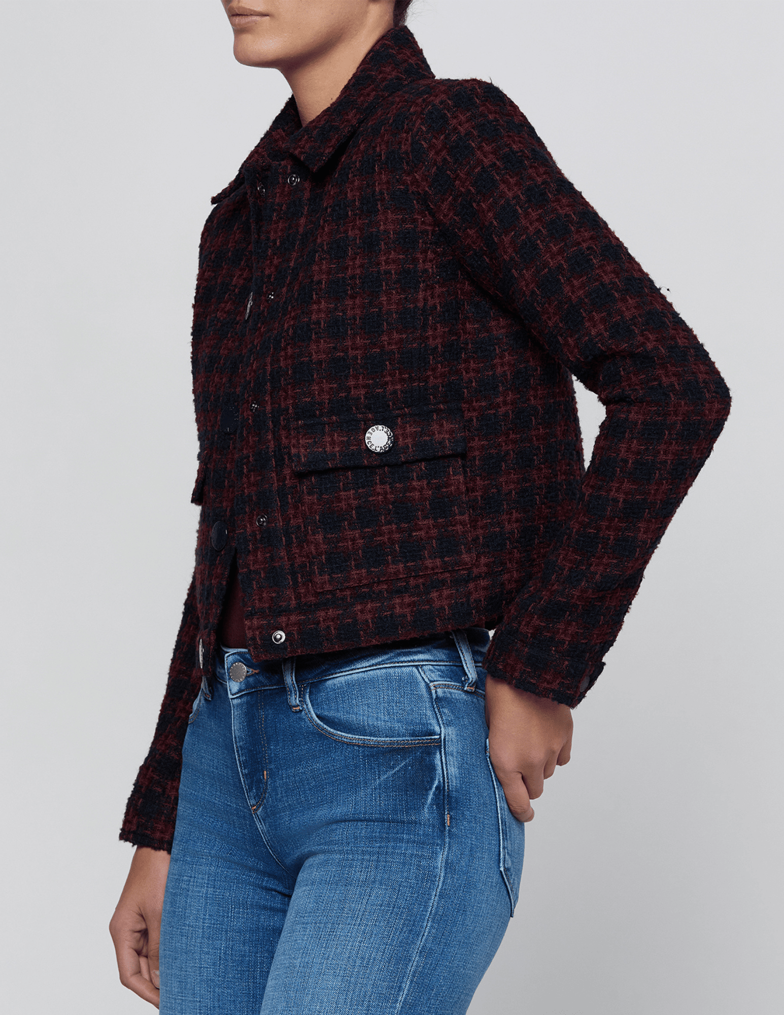 L’AGENCE Nyx Cropped Jacket in Midnight Burgundy Tweed side view 