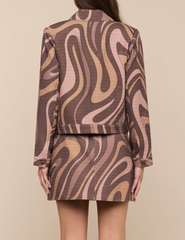 Back view of L'AGENCE Nyx Cropped Jacket in Sepia Brown Abstract Swirl