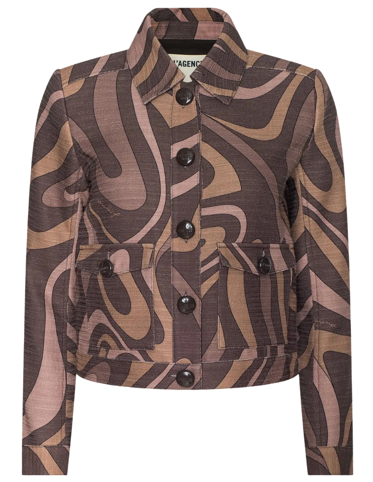 L'AGENCE Nyx Cropped Jacket in Sepia Brown Multi Abstract Swirl