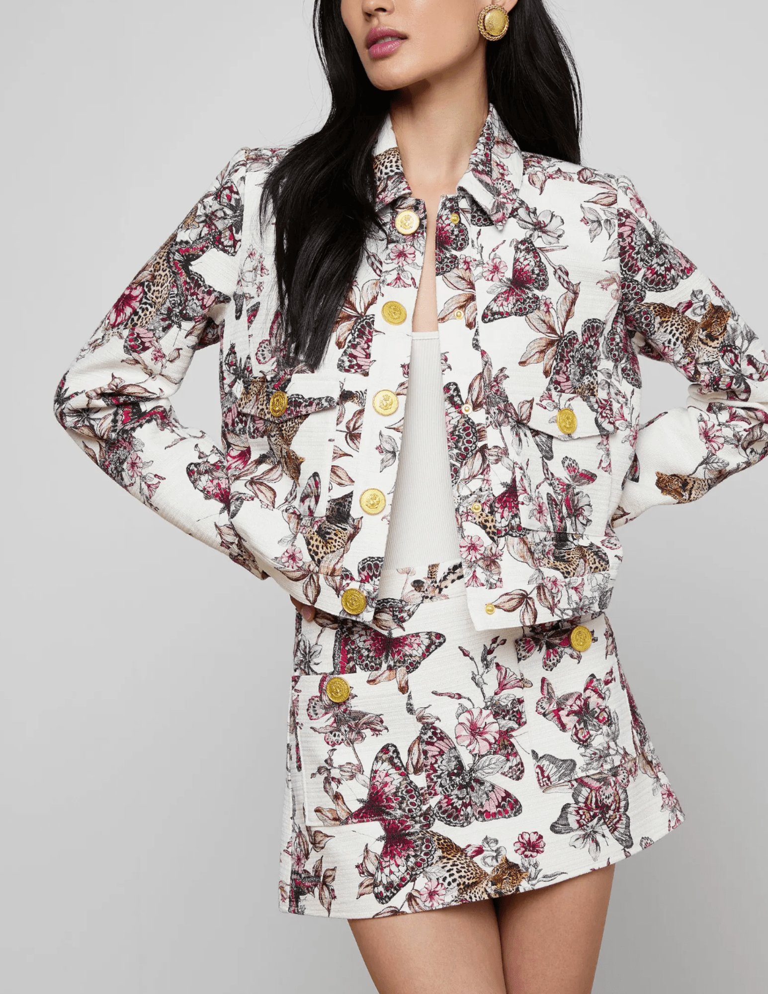 Front view of L’AGENCE Nyx cropped jacket in butterfly jungle print