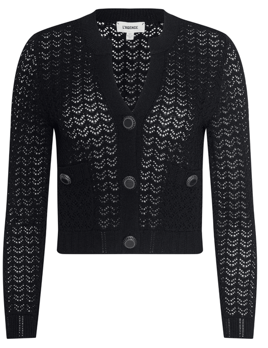 L'Agence Orla pointelle knit cardigan in black with gold buttons
