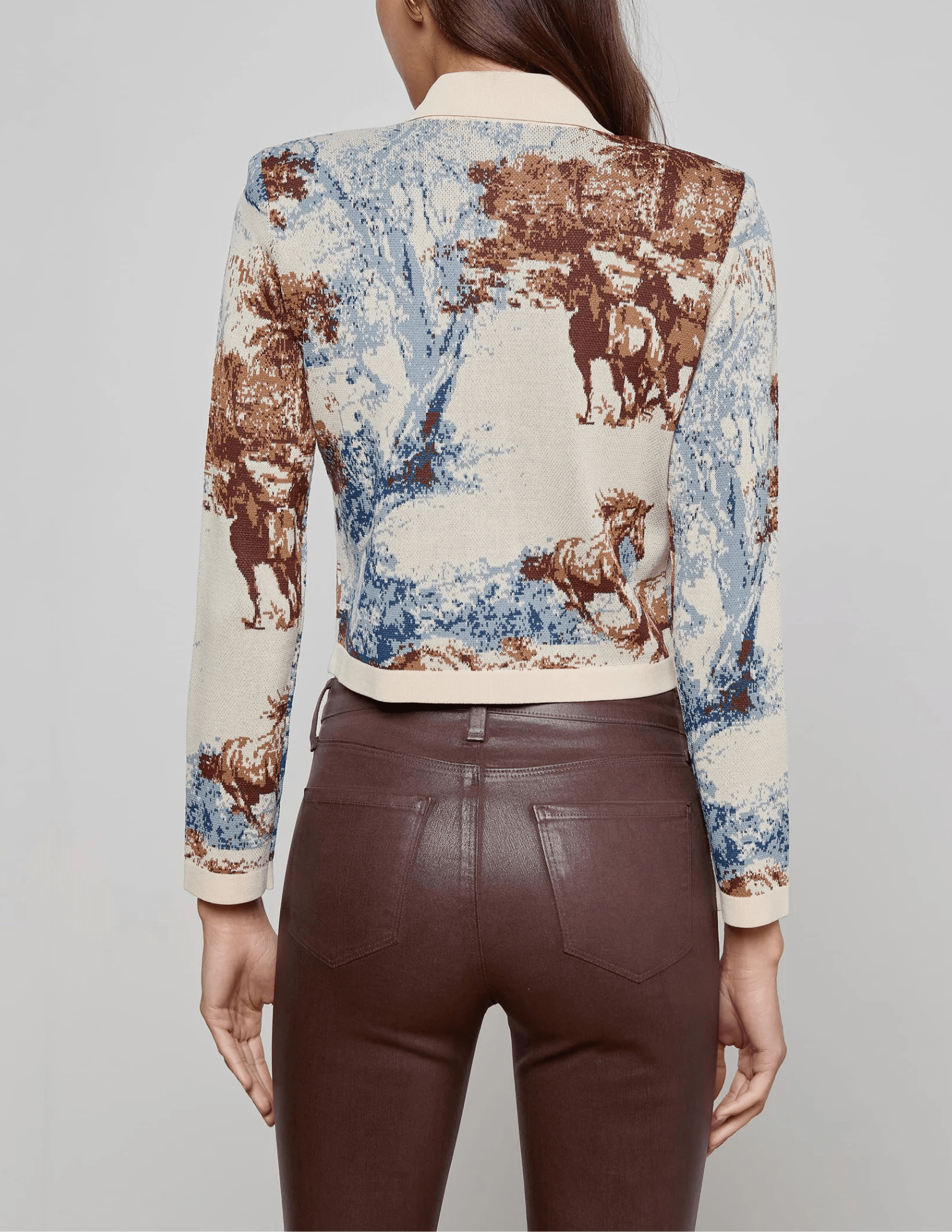 "Designer jacquard cardigan with Western toile motif by L’AGENCE back view