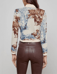 "Designer jacquard cardigan with Western toile motif by L’AGENCE back view
