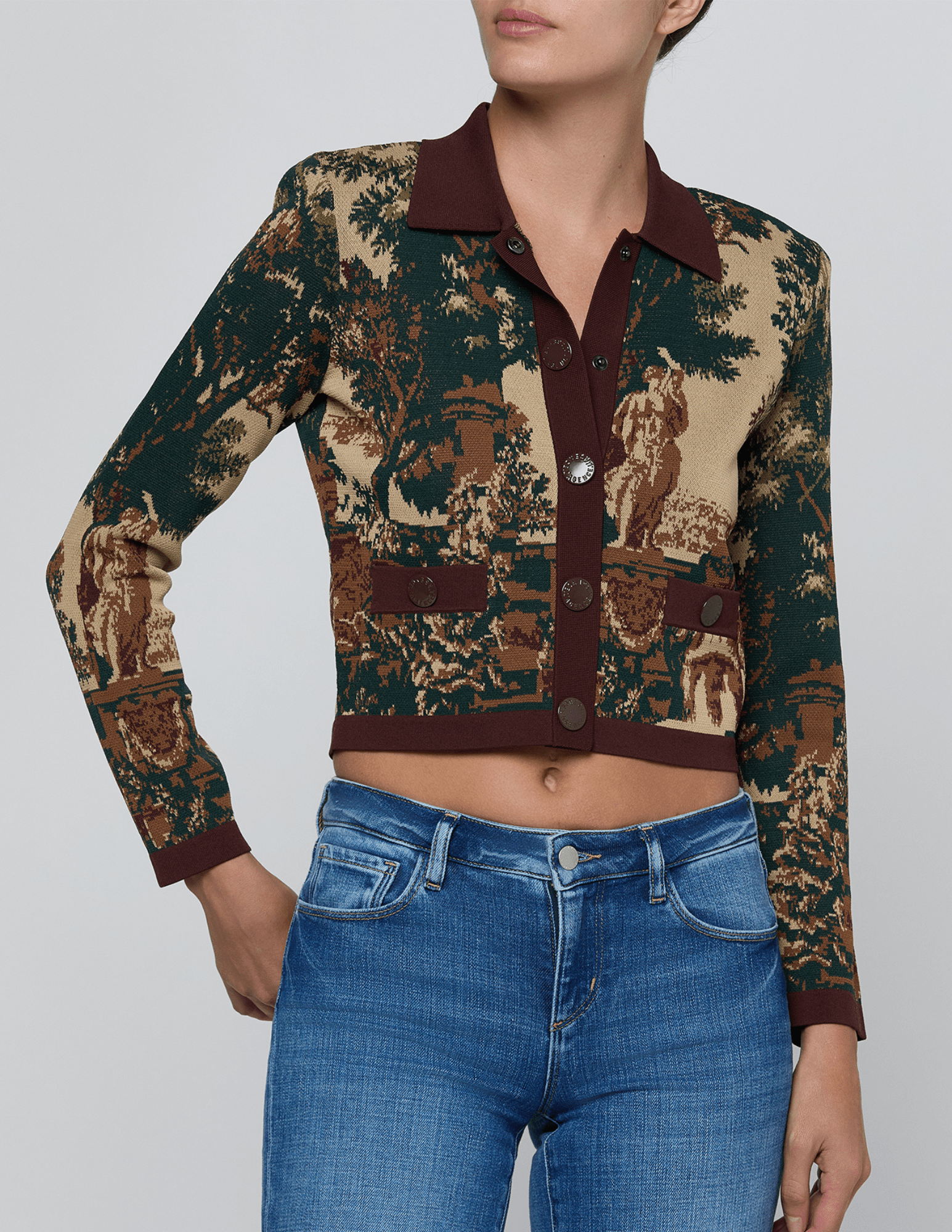 Front view of L'AGENCE Osiris Jacquard Cardigan in Multi Scenic Tapestry,