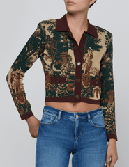 Front view of L'AGENCE Osiris Jacquard Cardigan in Multi Scenic Tapestry,