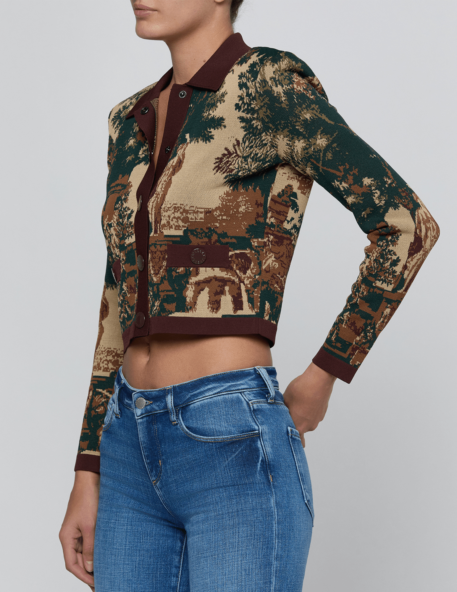 Side view of L'AGENCE Osiris Jacquard Cardigan in Multi Scenic Tapestry,