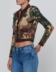 Side view of L'AGENCE Osiris Jacquard Cardigan in Multi Scenic Tapestry,