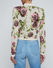 Back view of L'AGENCE Osiris jacquard cardigan in romantic rose print