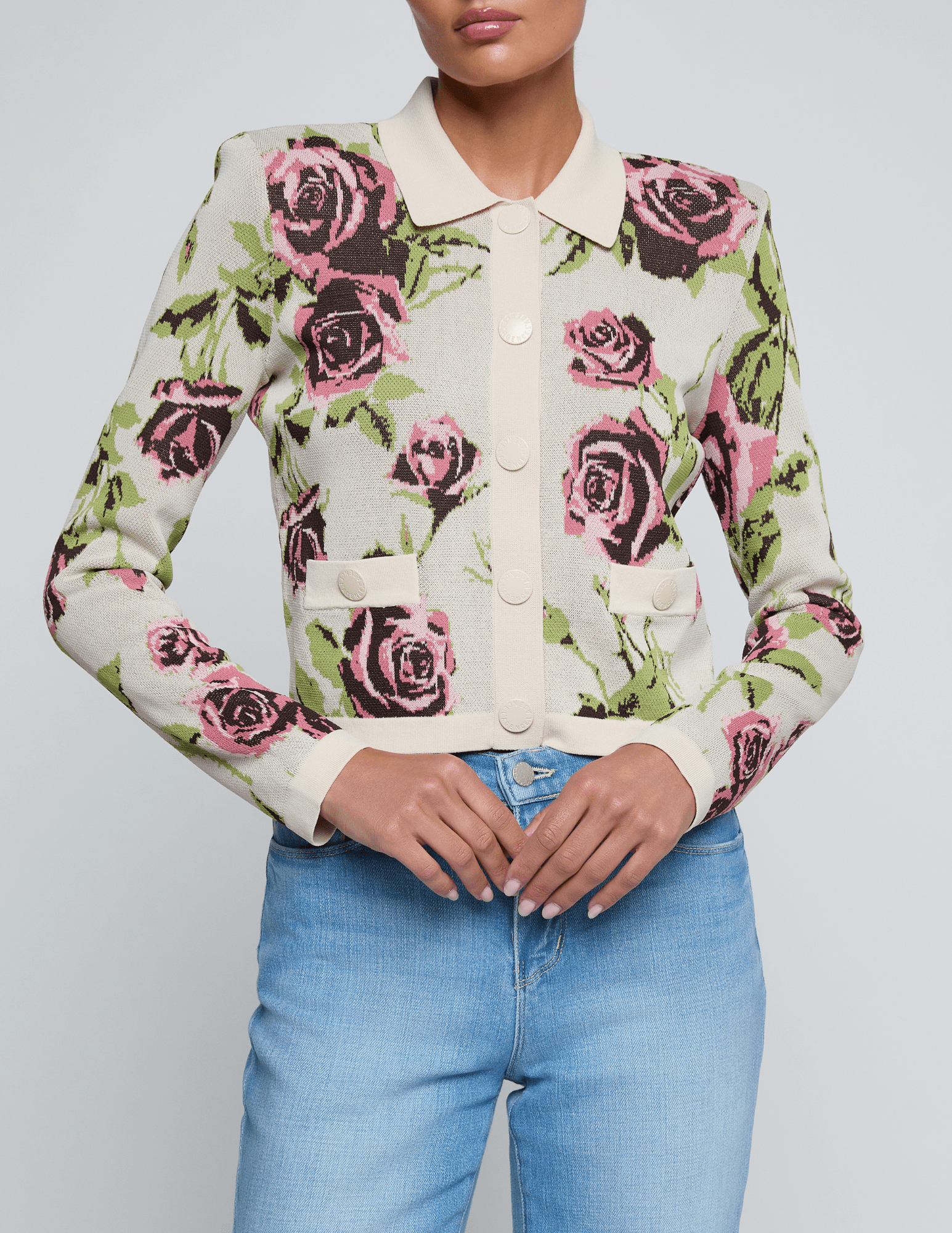Front view of L'AGENCE Osiris jacquard cardigan in romantic rose print