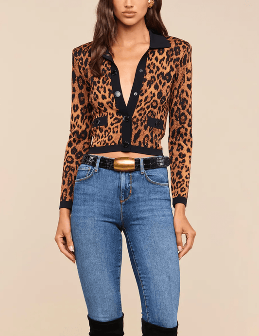 Front  view of L’AGENCE Osiris Leopard Jacquard Cardigan