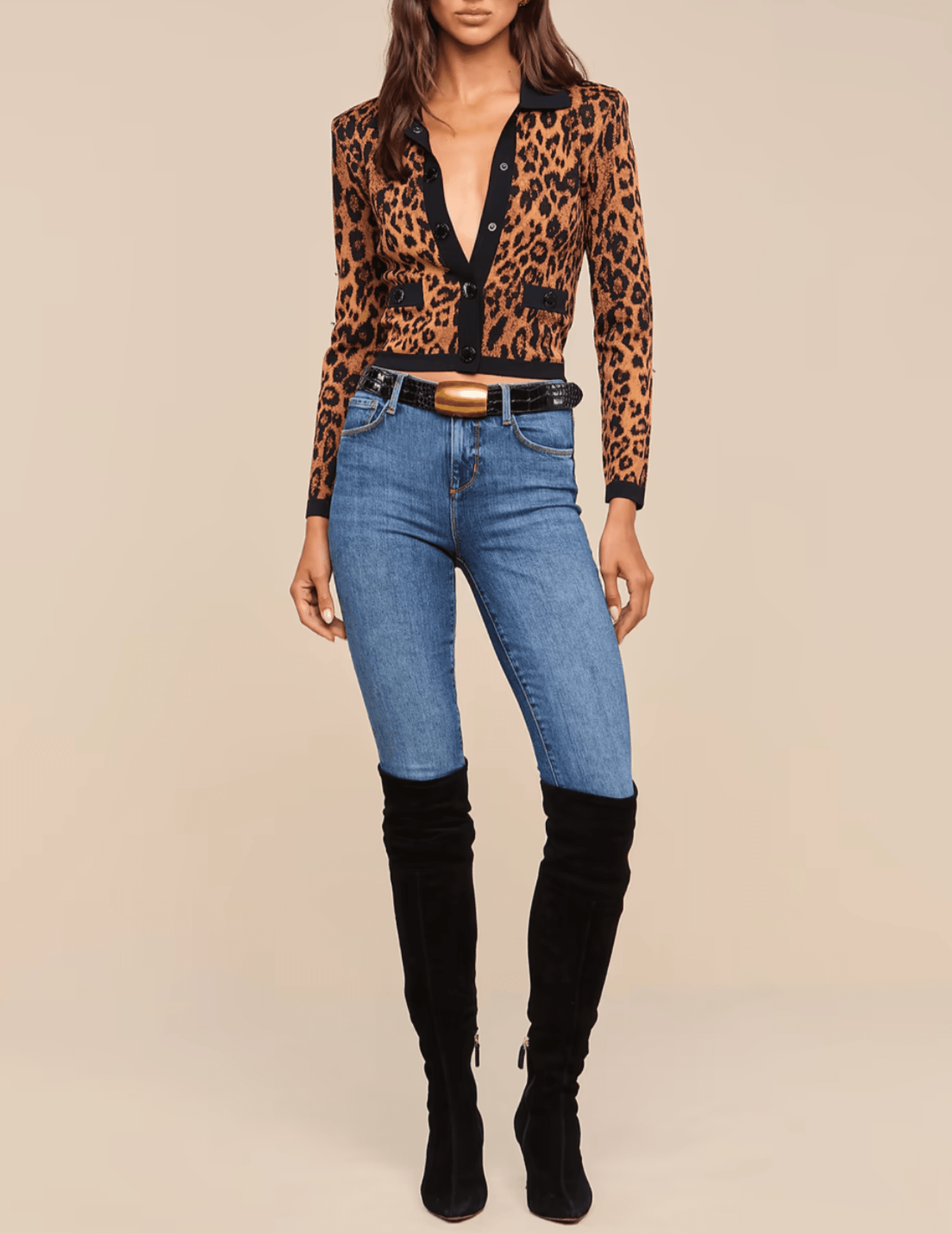 Full body view of L’AGENCE Osiris Leopard Jacquard Cardigan
