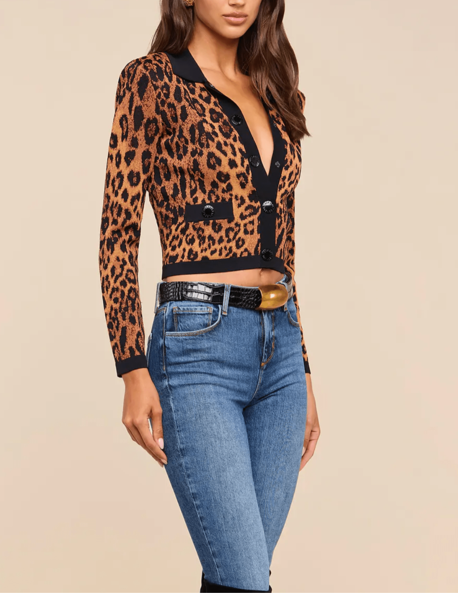 Side view of L’AGENCE Osiris Leopard Jacquard Cardigan