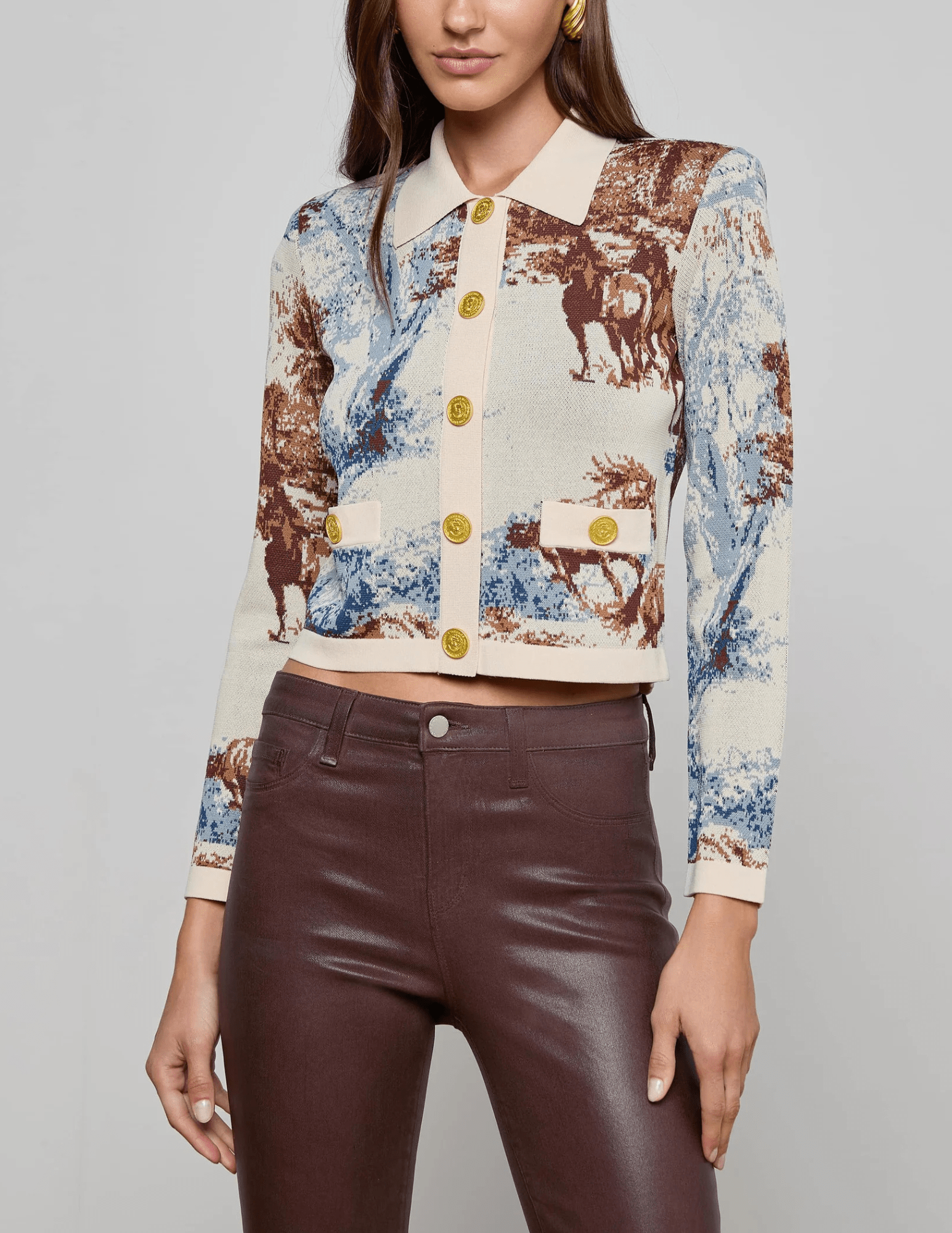 "Designer jacquard cardigan with Western toile motif by L’AGENCE