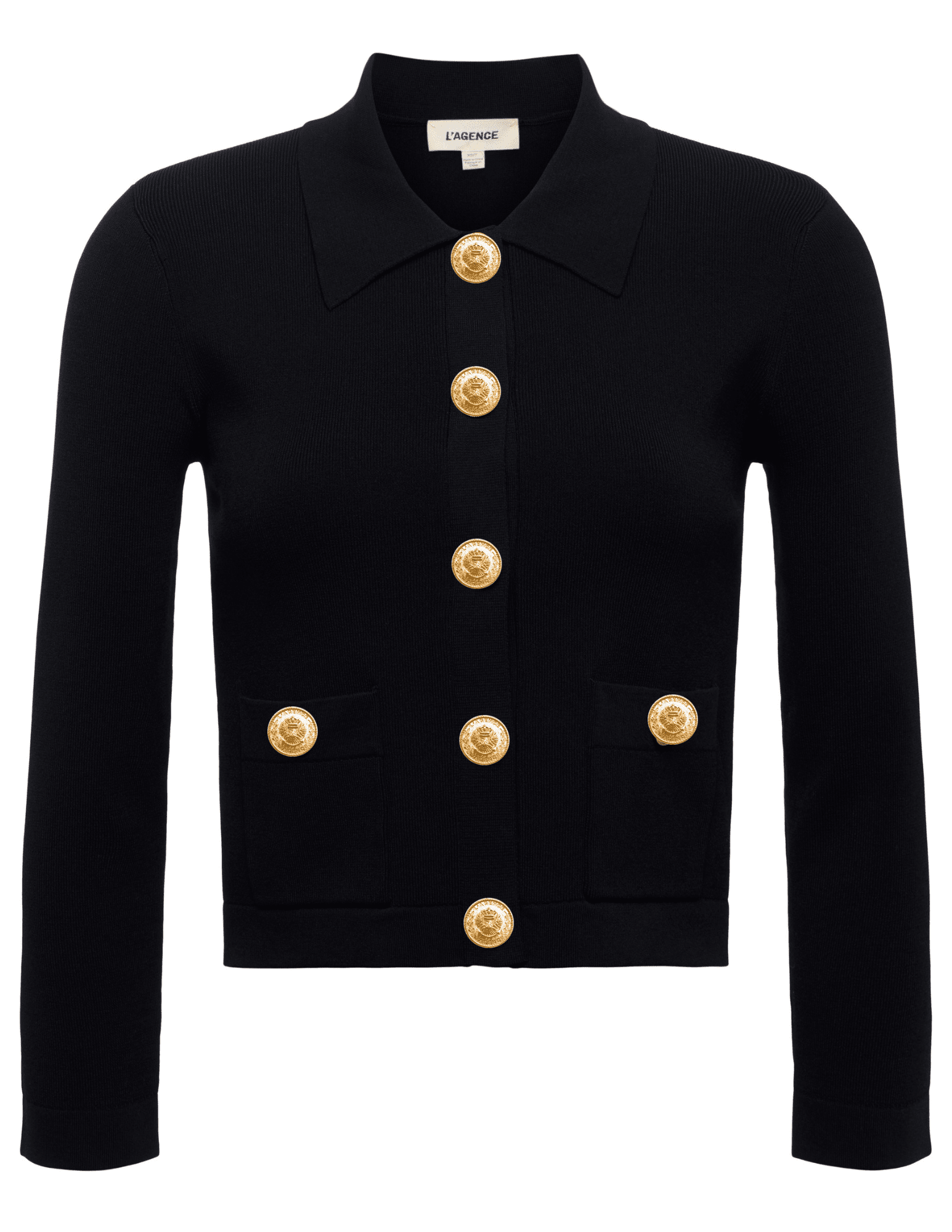 L’AGENCE Osiris Knit Cardigan in Black with gold-tone buttons