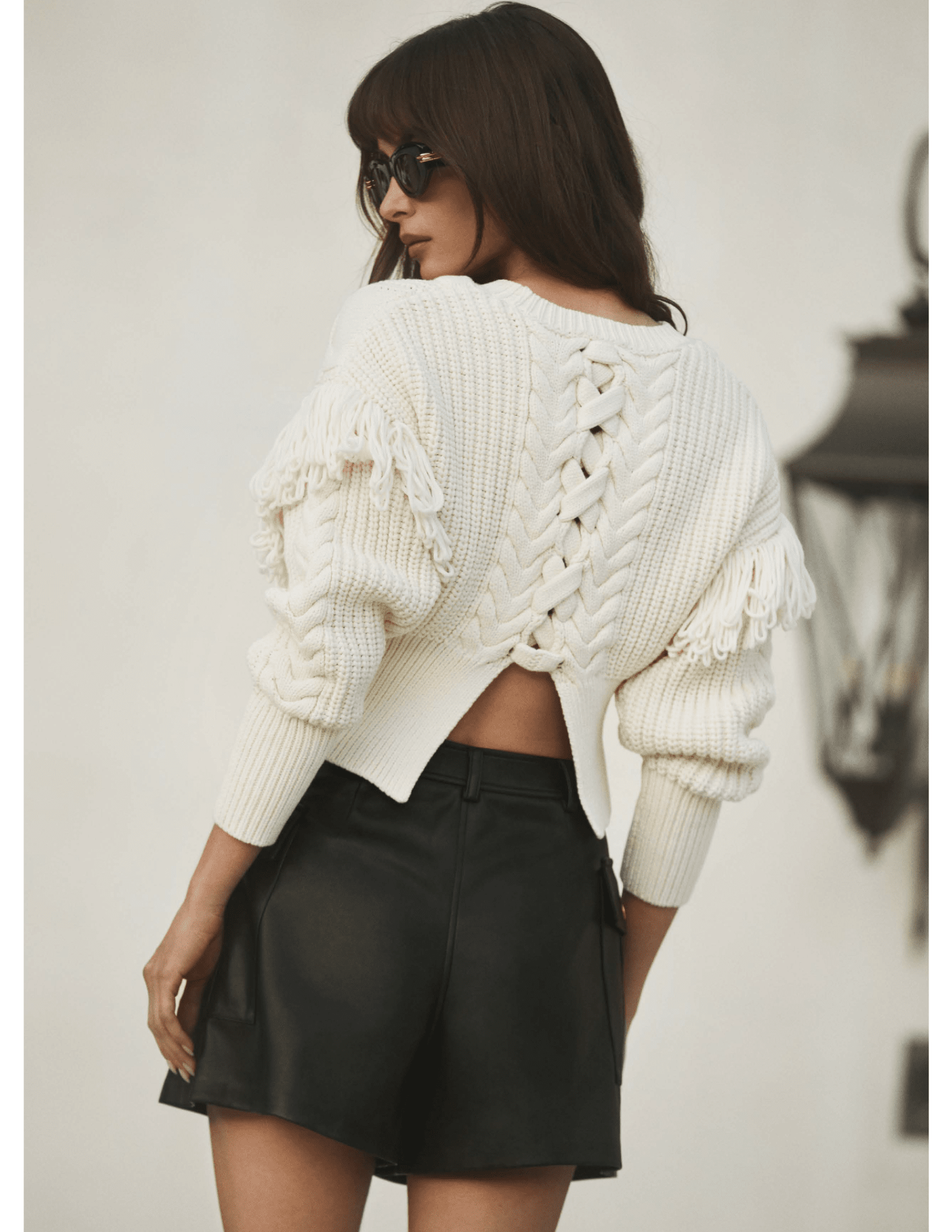 Editorial back details of L’AGENCE Ottavia Lace Back Pullover in ivory
