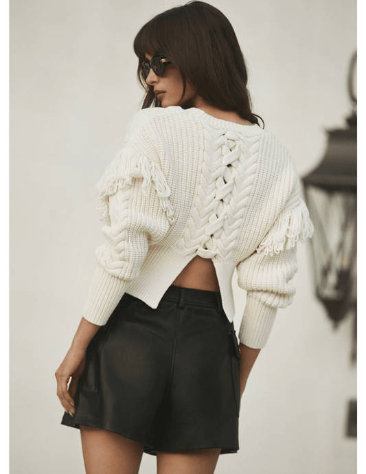 Editorial back details of L’AGENCE Ottavia Lace Back Pullover in ivory