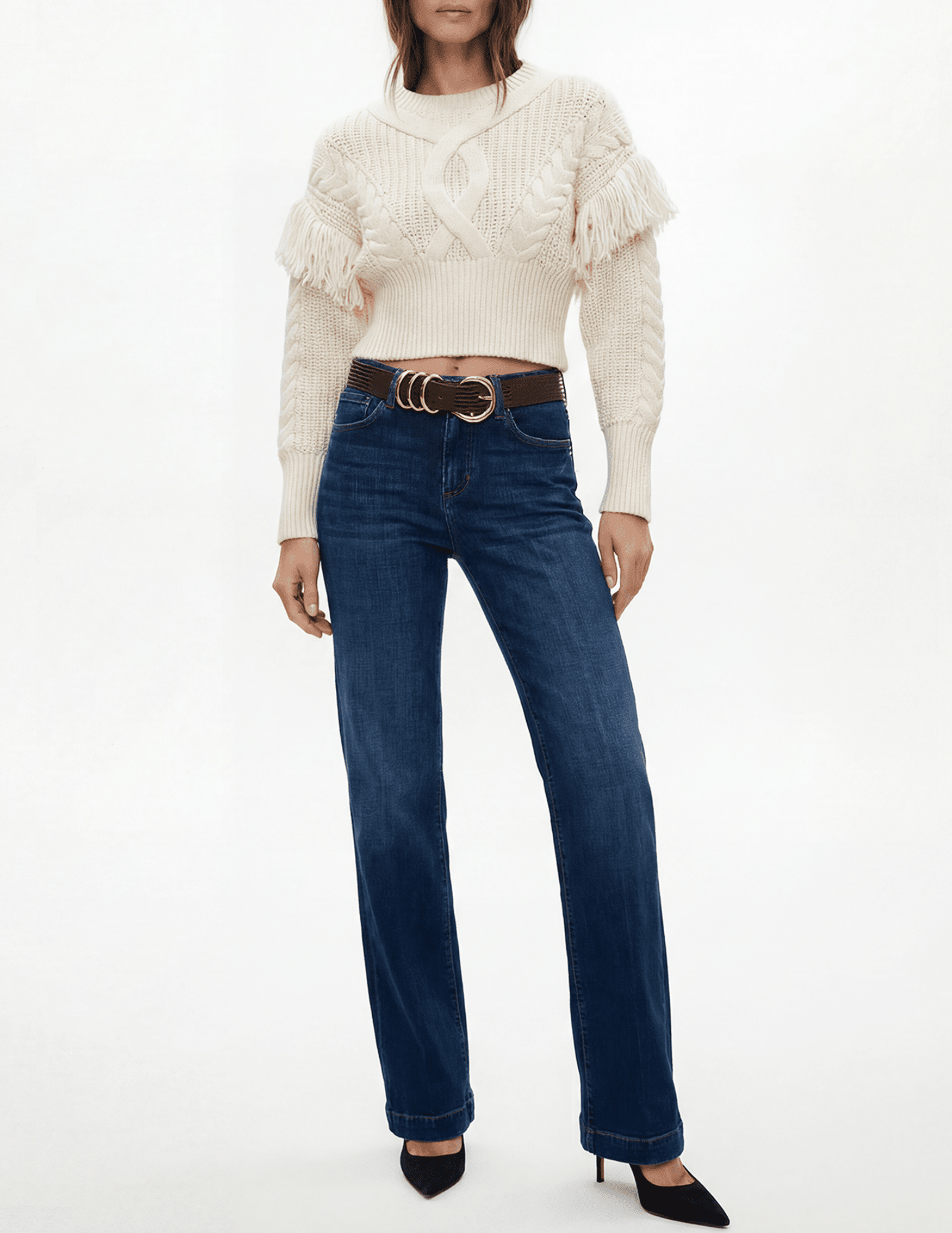 Full body view of L’AGENCE Ottavia Lace Back Pullover in ivory