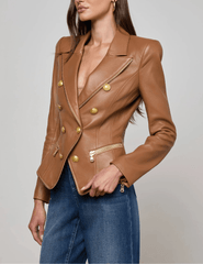 Designer cognac leather blazer with double-breasted front and zipper details