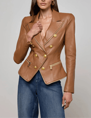 Designer cognac leather blazer with double-breasted front and zipper details
