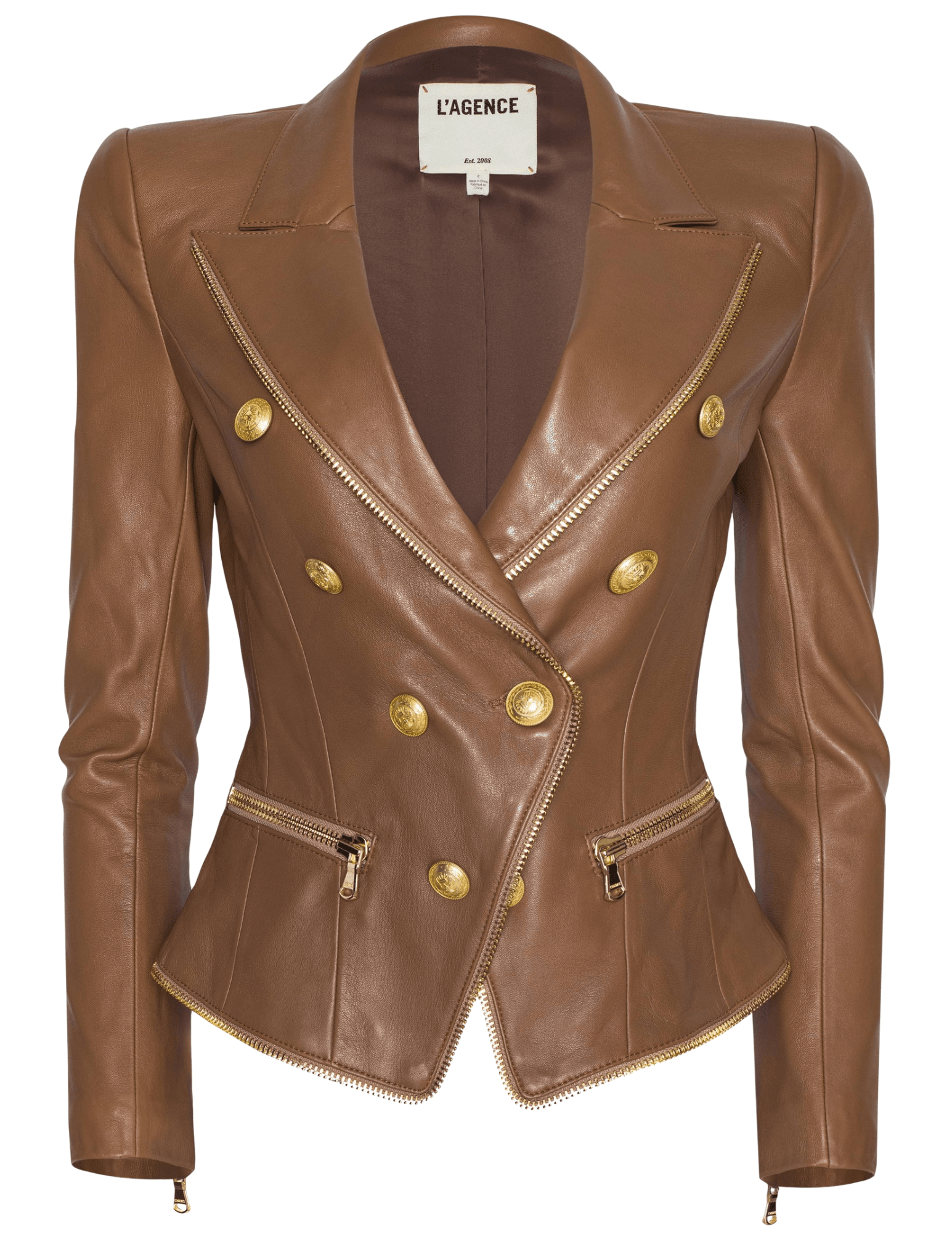 L’AGENCE Ottilie Leather Blazer in Soft Cognac with silver trim