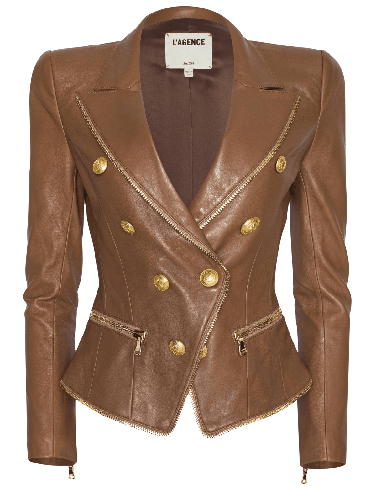 L’AGENCE Ottilie Leather Blazer in Soft Cognac with silver trim