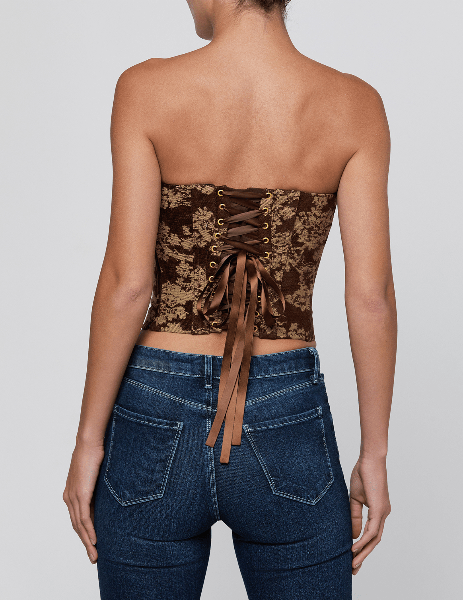 Back view of L'AGENCE Paulette Jacquard Strapless Corset Brown Floral Tapestry
