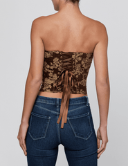 Back view of L'AGENCE Paulette Jacquard Strapless Corset Brown Floral Tapestry
