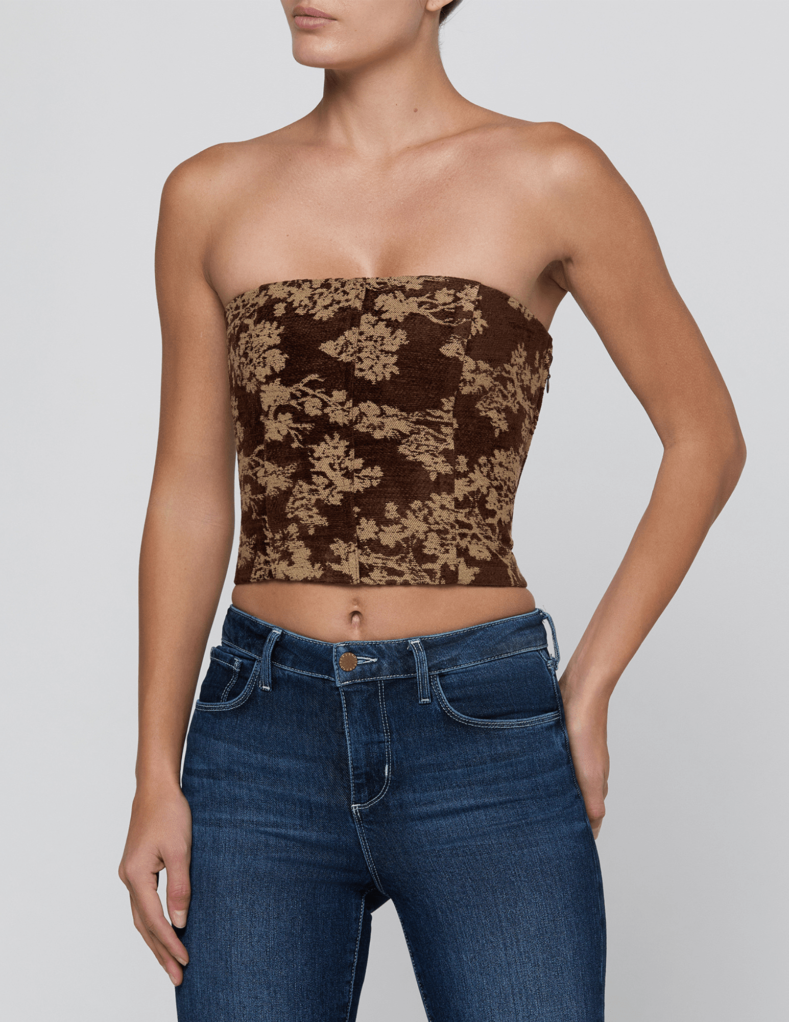 Front view of L'AGENCE Paulette Jacquard Strapless Corset Brown Floral Tapestry
