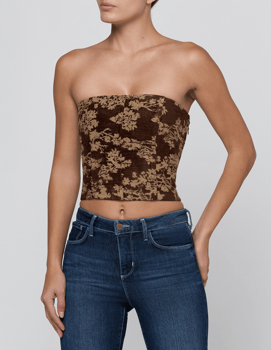 Front view of L'AGENCE Paulette Jacquard Strapless Corset Brown Floral Tapestry