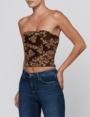 Side view of L'AGENCE Paulette Jacquard Strapless Corset Brown Floral Tapestry