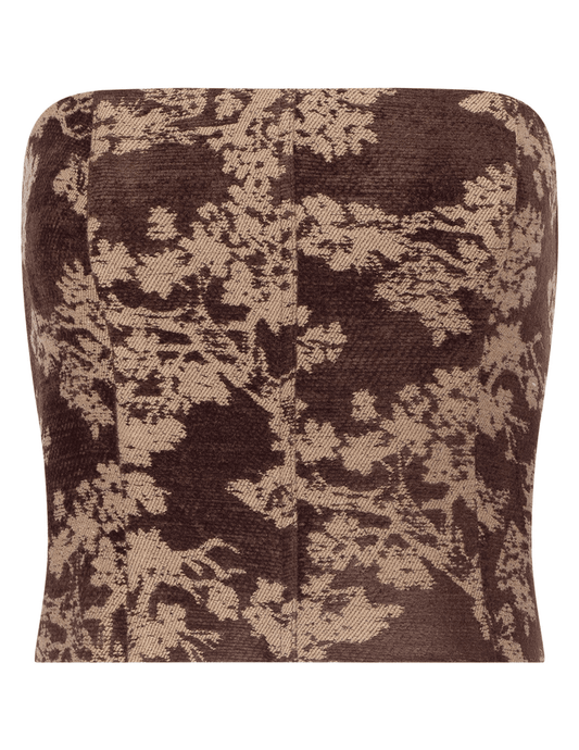 L'AGENCE Paulette Jacquard Strapless Corset Brown Floral Tapestry