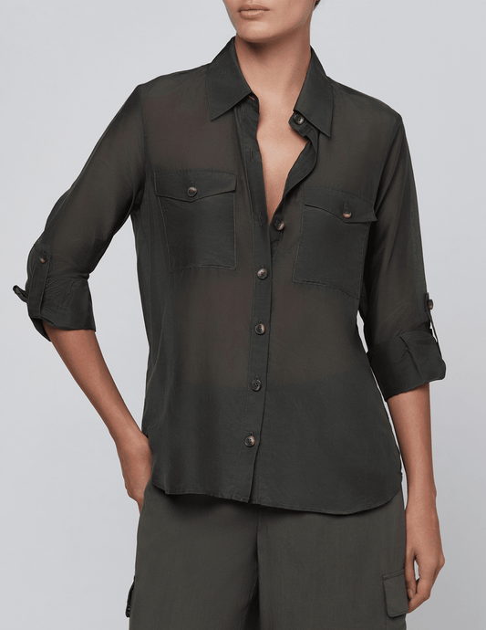 Front view of L'AGENCE Pearson Military Blouse Ash Olive