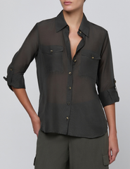 Front view of L'AGENCE Pearson Military Blouse Ash Olive