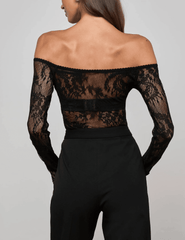 L’AGENCE Peonie off shoulder lace bodysuit in black with long sleeves back view