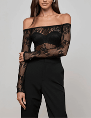 L’AGENCE Peonie off shoulder lace bodysuit in black with long sleeves front view