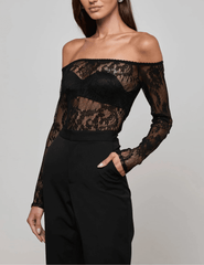 L’AGENCE Peonie off shoulder lace bodysuit in black with long sleeves side view