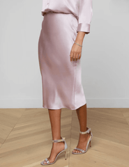 Side view of L'AGENCE Perin bias-cut silk midi skirt