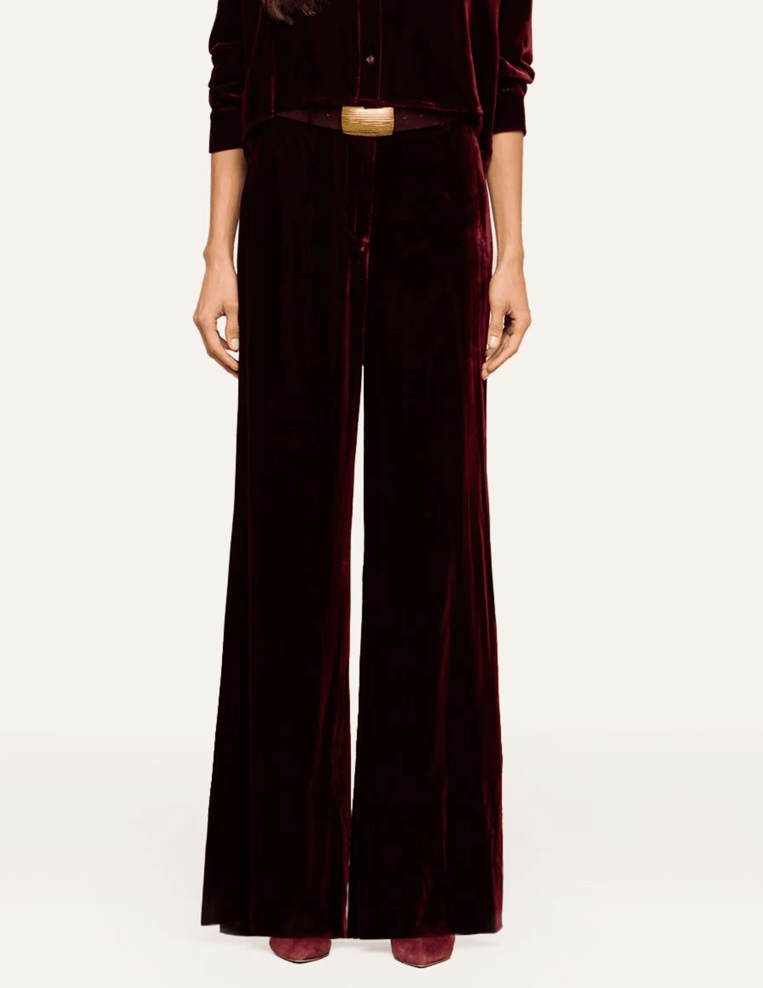 Front view of L'AGENCE Pilar Velvet Wide Leg Pants in Deep Port featuring a tailored waistband and wide-leg cut.