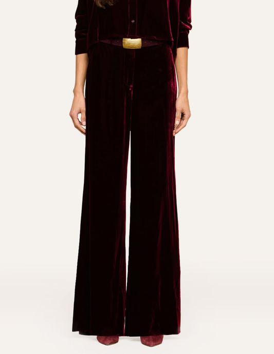 Front view of L'AGENCE Pilar Velvet Wide Leg Pants in Deep Port featuring a tailored waistband and wide-leg cut.