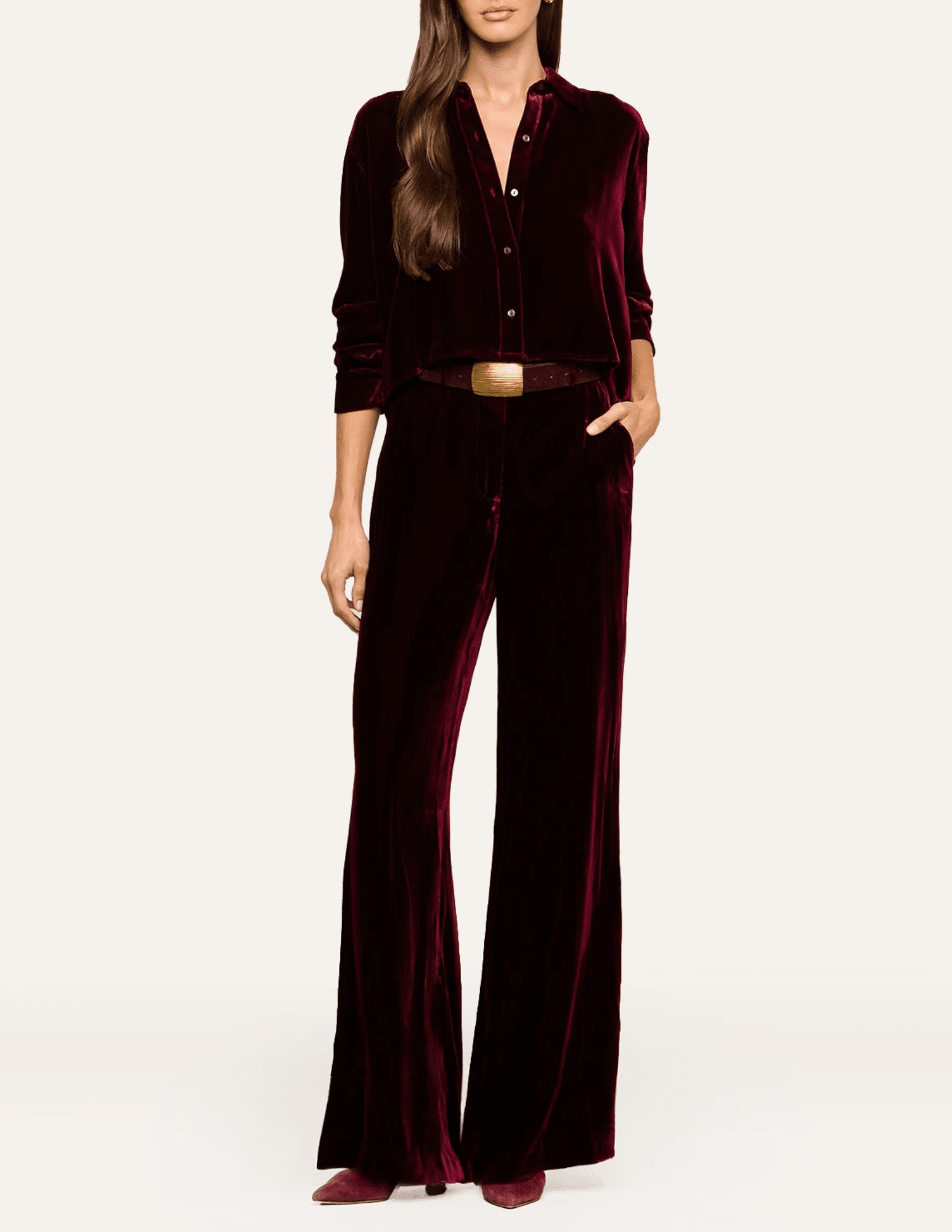 L'AGENCE Pilar Deep Port Velvet Wide Leg Pants styled with a matching burgundy velvet blazer and gold belt.