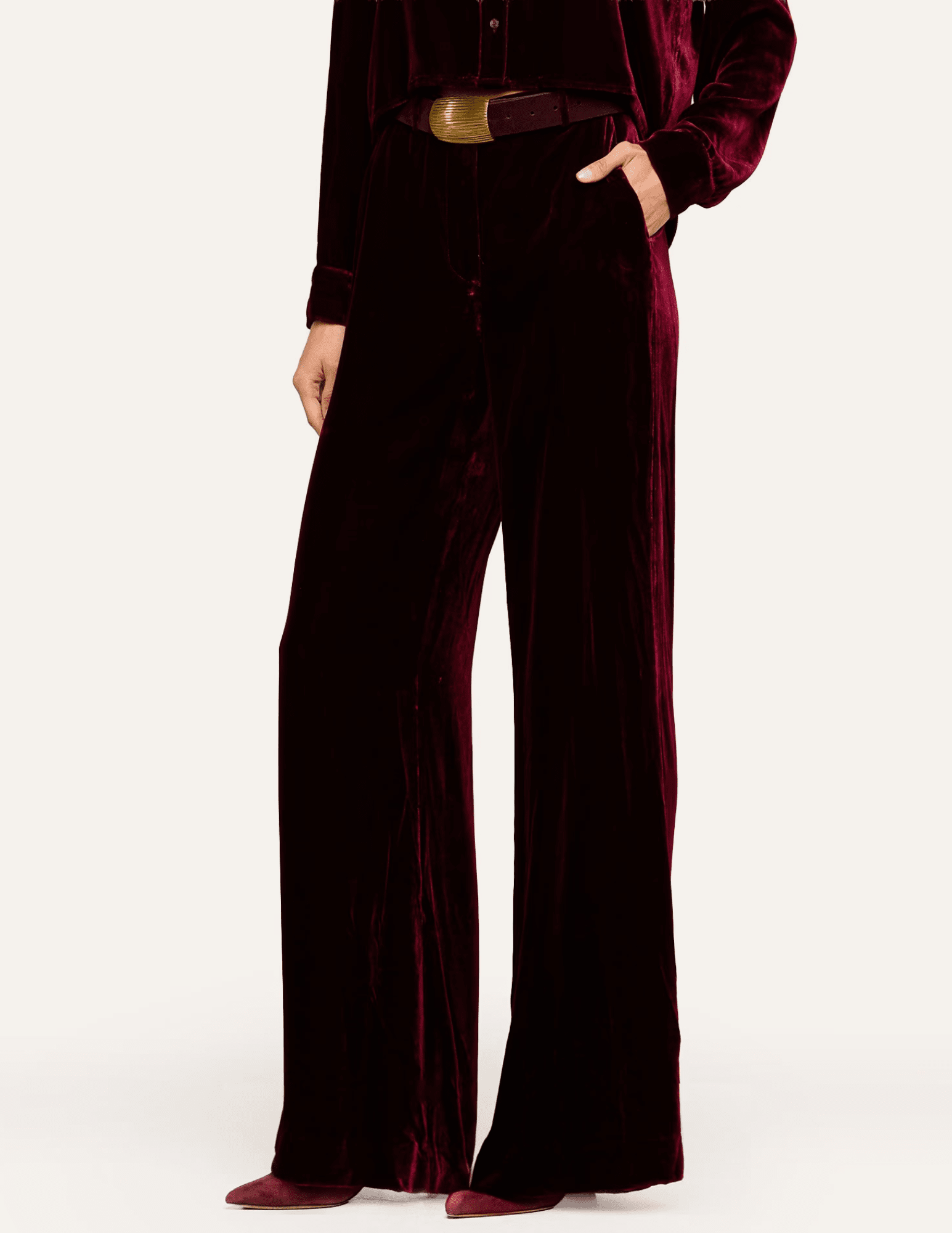 Side view of L'AGENCE Pilar Velvet Wide Leg Pants in Deep Port featuring a tailored waistband and wide-leg cut.